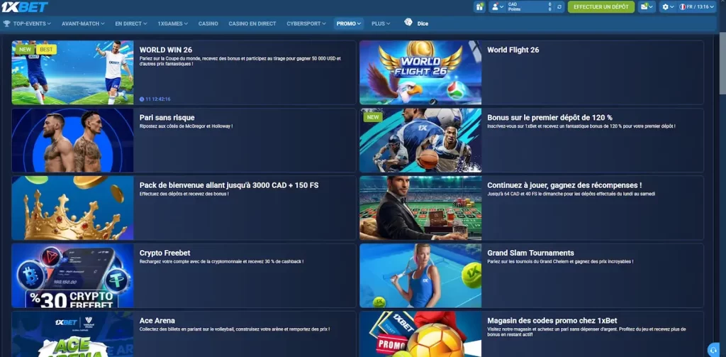 Bonus 120 % sur le premier dépôt et pack de bienvenue jusqu'à 3000 $ CAD sur la page promotions 1xBet Canada