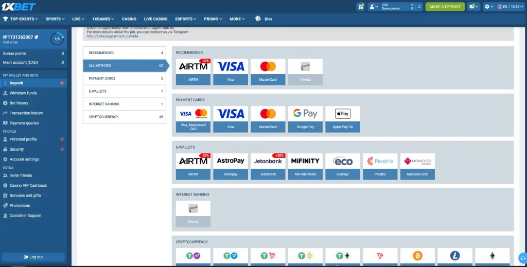 Interac, Visa, Mastercard et cryptomonnaies dans les méthodes de dépôt 1xBet au Canada