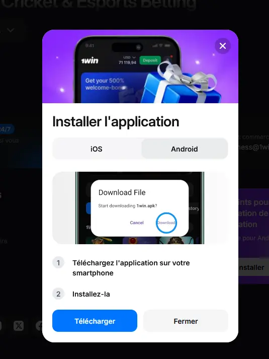 Téléchargement du fichier APK 1win pour Android au Canada
