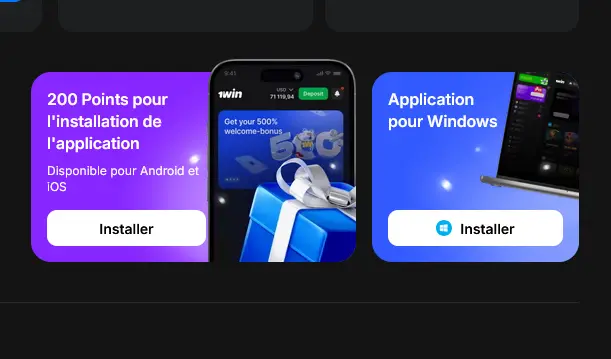 Bonus 1win de 200 points pour l'installation de l'application Android, iOS et Windows
