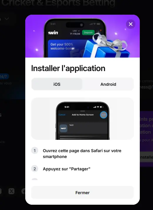 Étapes d'installation de l'application 1win sur iPhone via Safari (PWA iOS)