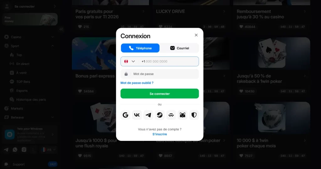 Formulaire de connexion 1win par numéro de téléphone canadien ou courriel
