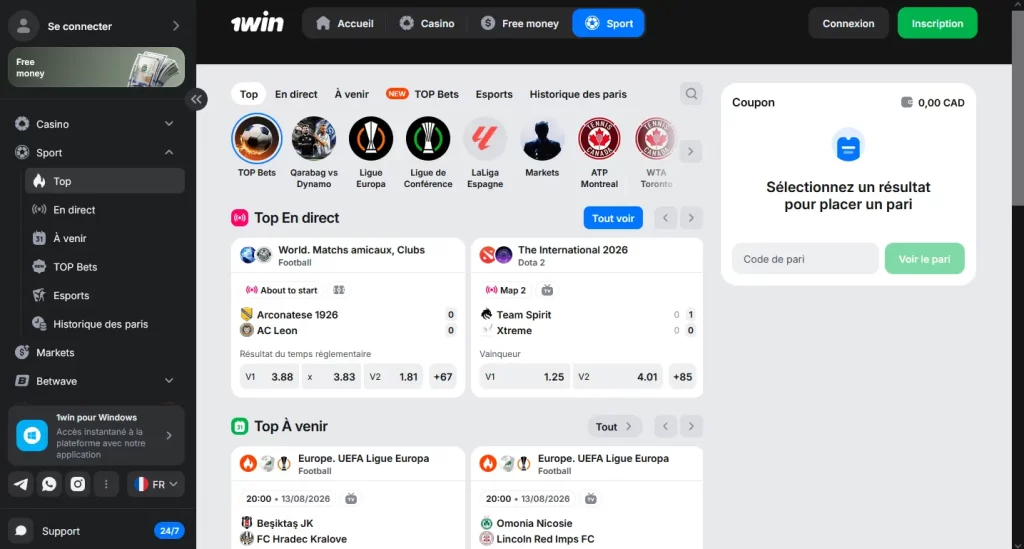 Interface des paris sportifs en direct sur 1win avec cotes football et esports
