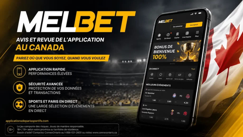 Bannière de l'application Melbet Canada en français avec bonus de bienvenue 100 % et paris en direct