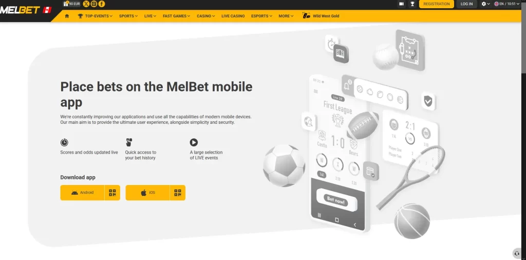 Page de téléchargement officielle de l'application mobile Melbet pour Android APK et iOS