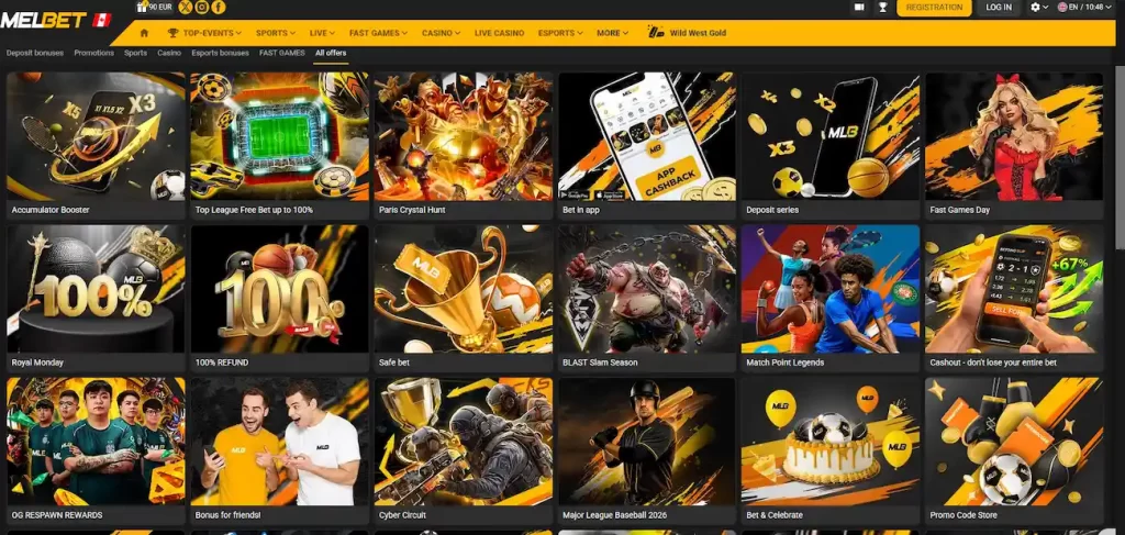 Page des promotions Melbet Canada avec bonus de dépôt, cashback, Promo Code Store et offres esports