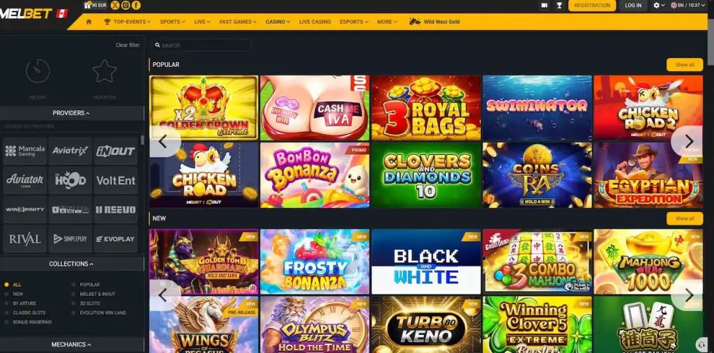 Section casino Melbet avec plus de 5 000 jeux de slots et fournisseurs Mancala, Aviatrix et Evoplay
