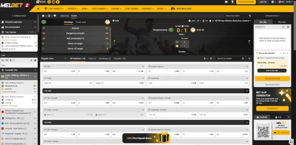 Interface de paris en direct Melbet avec marchés 1X2, total et handicap sur un match de soccer en cours