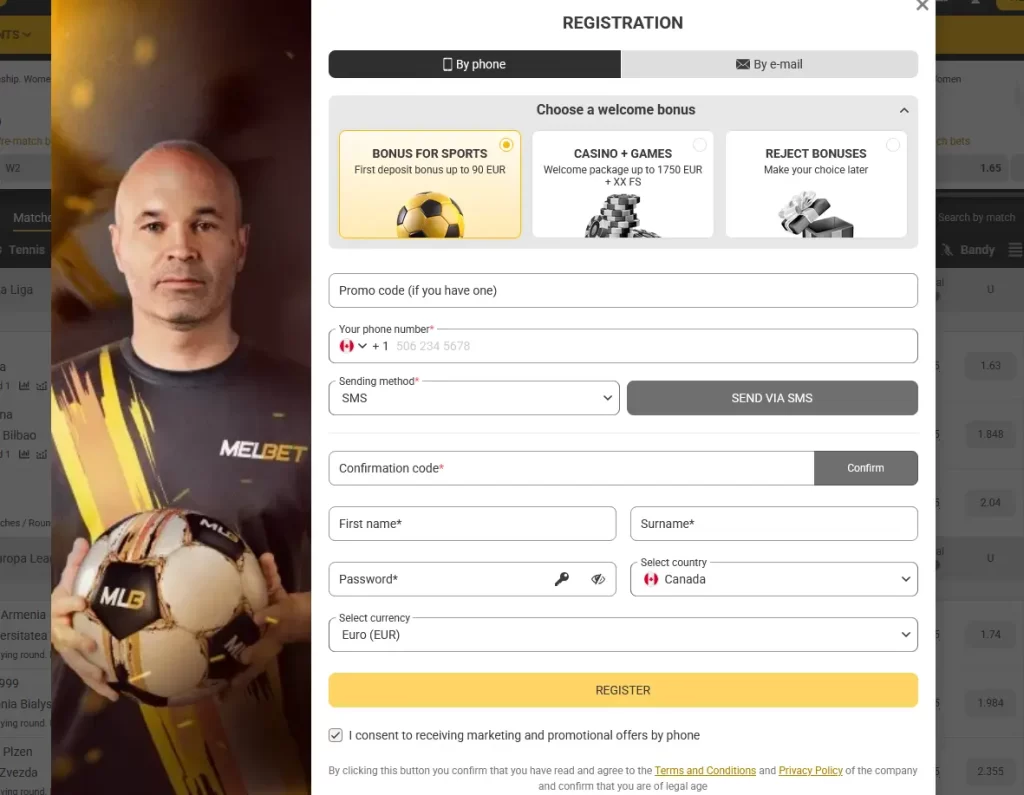 Formulaire d'inscription Melbet Canada avec sélection du bonus de bienvenue et du code promo
