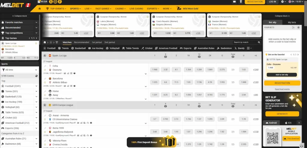 Aperçu de l'interface de paris sportifs Melbet avec les cotes en direct sur soccer, hockey et basketball